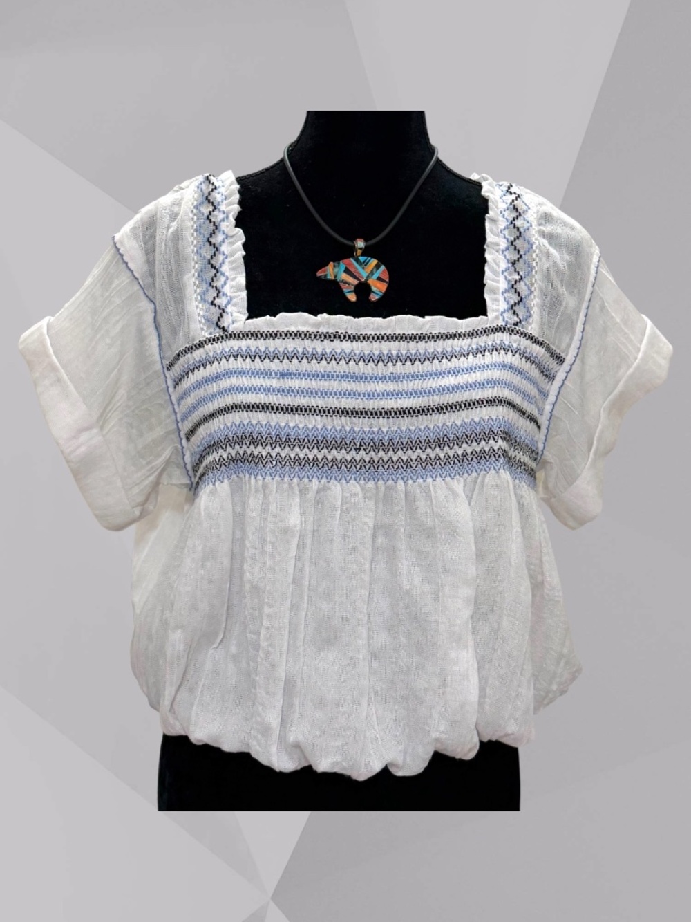 FREE PEOPLE Boho Wandering Skies Blouson Top White w/Smocked Embroidery S EUC
